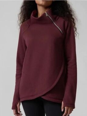 Athleta Cozy Karma Asymmetrical Zip Funnel Neck Pullover Sweater - Burgundy Sz M